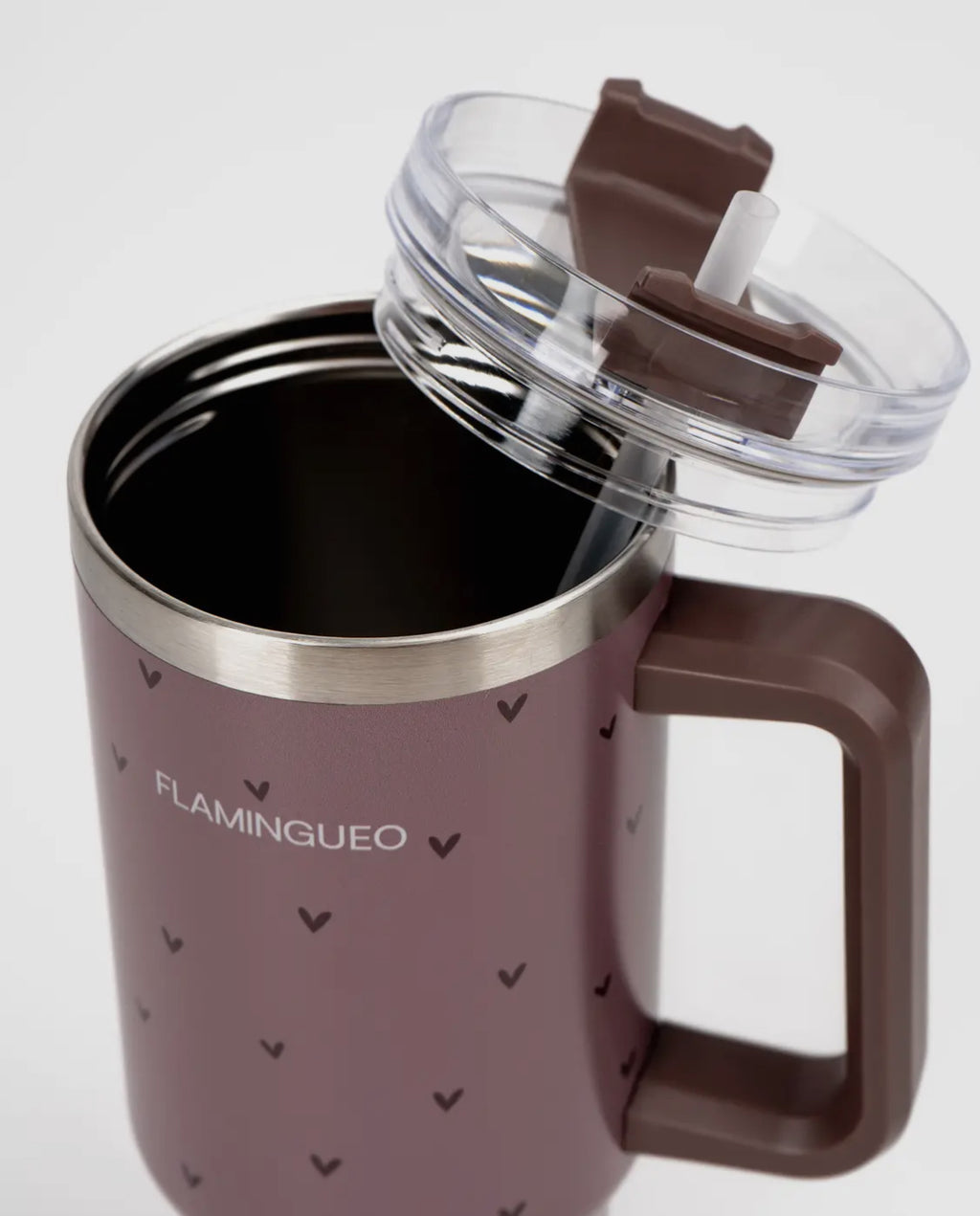 Bordeauxfarbene Thermosflasche aus Edelstahl mit kleinen Herzen